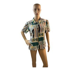 Women’s  Ethnic Print Turn Down Collar Short Sleeve Casual Shirt Blouse. Size M.